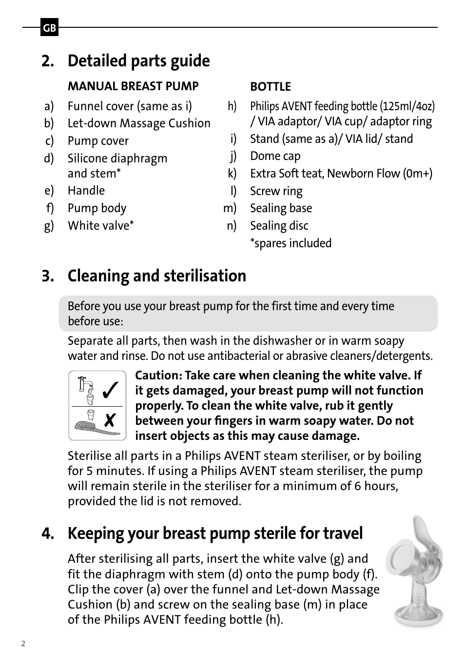 Detailed parts guide, Cleaning and sterilisation, Keeping your breast pump sterile for travel | Philips AVENT Tire-lait manuel User Manual | Page 4 / 42