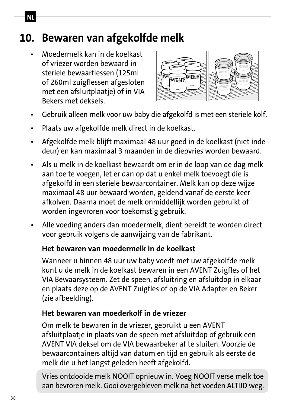 Bewaren van afgekolfde melk | Philips AVENT Tire-lait manuel User Manual | Page 40 / 42