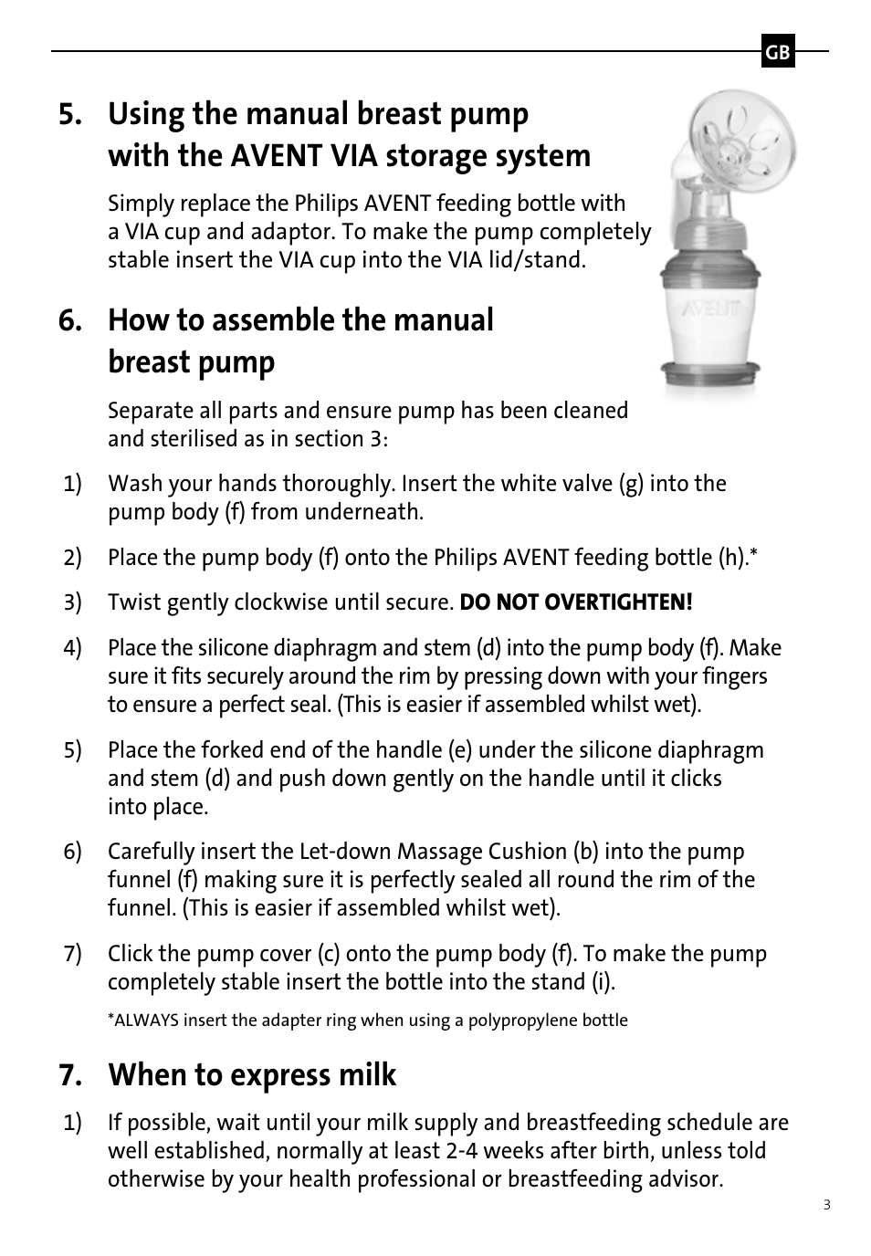 How to assemble the manual breast pump, When to express milk | Philips AVENT Tire-lait manuel User Manual | Page 5 / 42