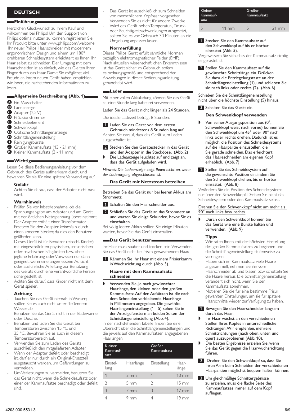 Deutsch | Philips tondeuse pour se couper les cheveux soi-même User Manual | Page 6 / 9
