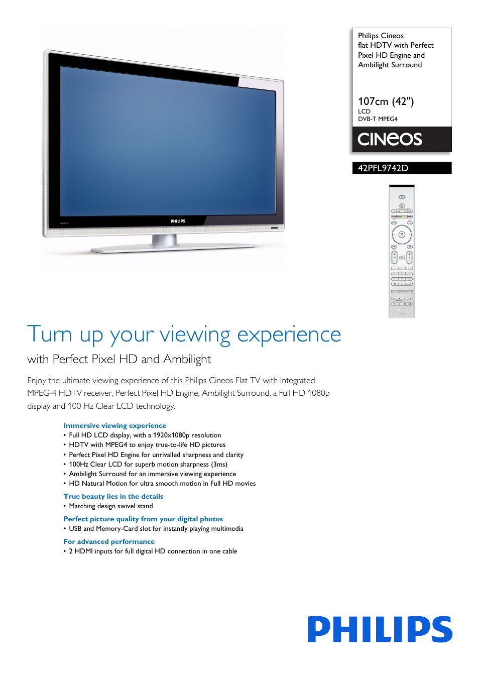 Philips Cineos Téléviseur HDTV User Manual | 3 pages