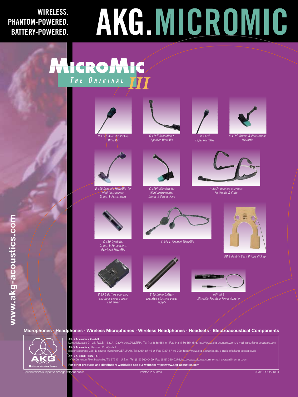 Akg. micromic, Wireless. phantom-powered. battery-powered | AKG Acoustics C 430 User Manual | Page 20 / 20