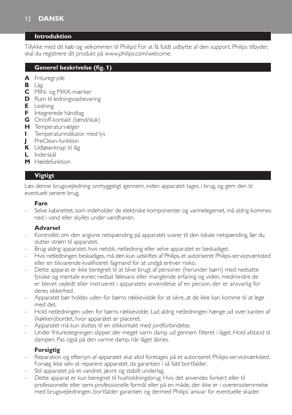 Dansk, Dansk 12 | Philips Daily Collection Friteuse User Manual | Page 12 / 124