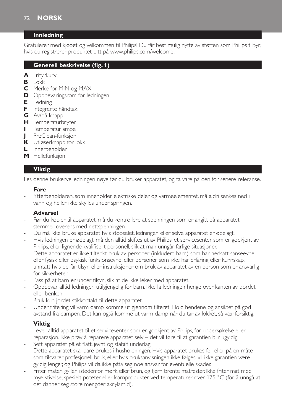 Norsk, Norsk 72 | Philips Daily Collection Friteuse User Manual | Page 72 / 124