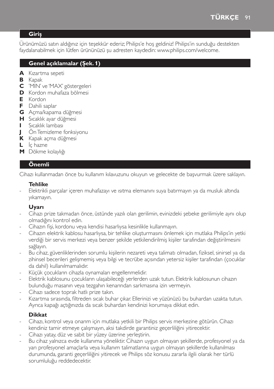 Türkçe, Türkçe 91 | Philips Daily Collection Friteuse User Manual | Page 91 / 124