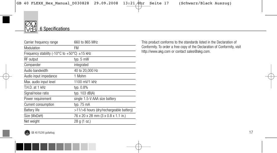 6 specifications | AKG Acoustics FLEXX GUITARBUG GB 40 User Manual | Page 17 / 52