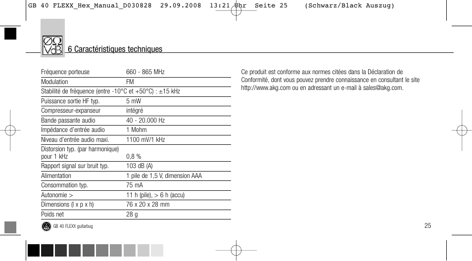 6 caractéristiques techniques | AKG Acoustics FLEXX GUITARBUG GB 40 User Manual | Page 25 / 52