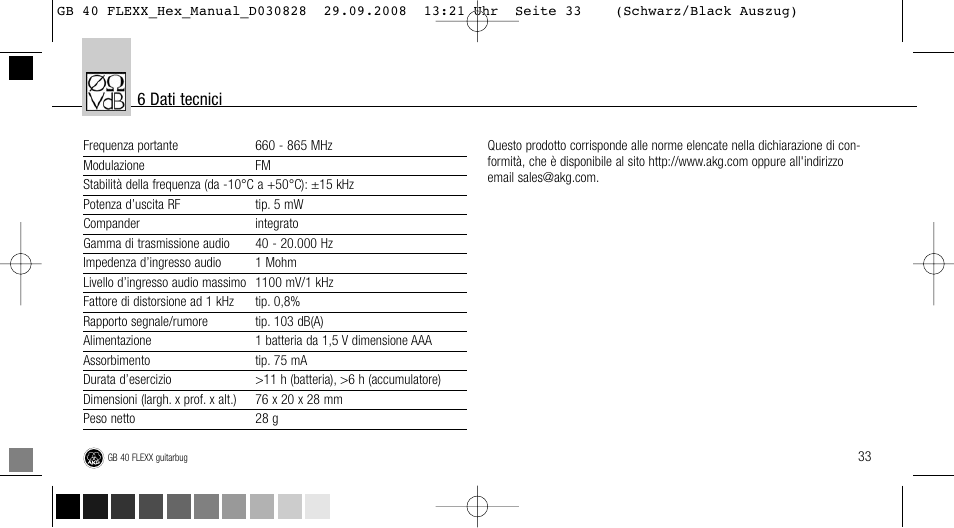 6 dati tecnici | AKG Acoustics FLEXX GUITARBUG GB 40 User Manual | Page 33 / 52