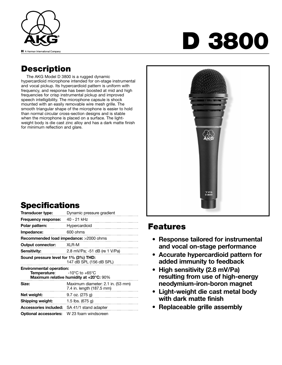 AKG Acoustics D 3800 User Manual | 2 pages