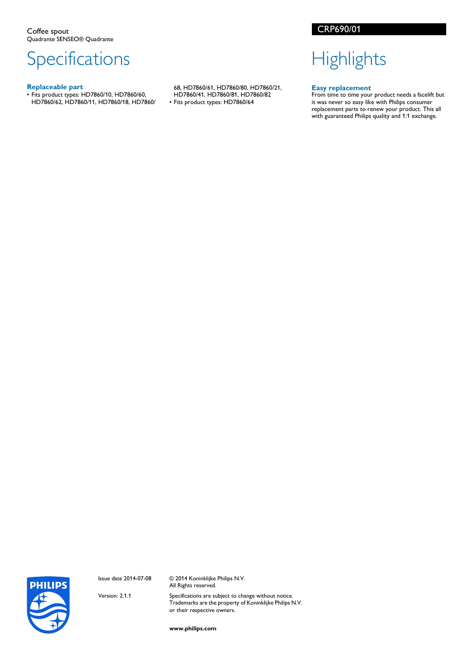 Specifications, Highlights | Philips Unité d'écoulement du café User Manual | Page 2 / 2