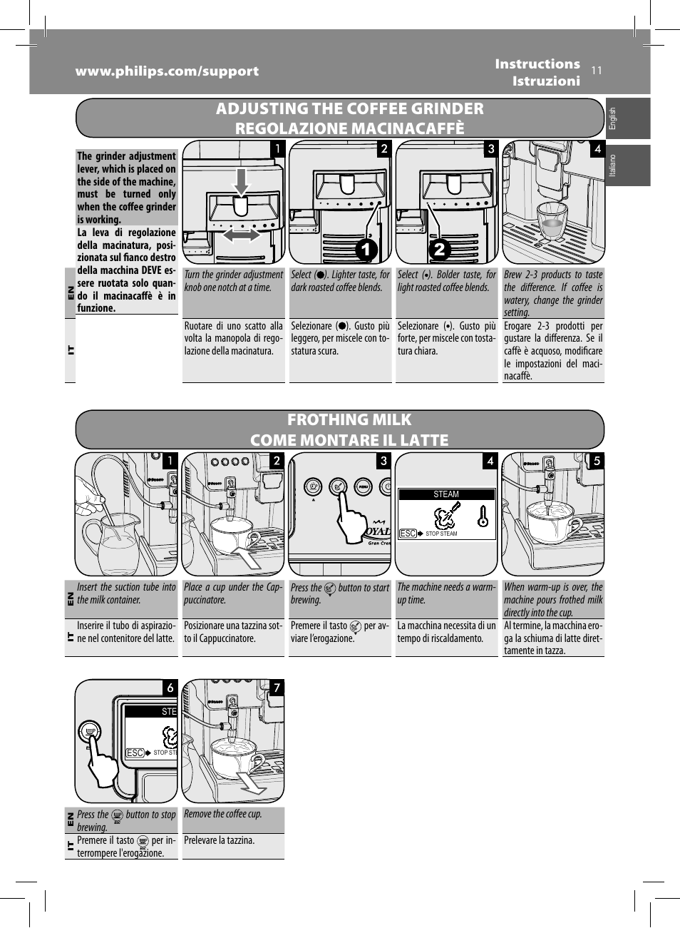 Frothing milk come montare il latte | Philips Saeco Royal Machine espresso automatique User Manual | Page 11 / 56