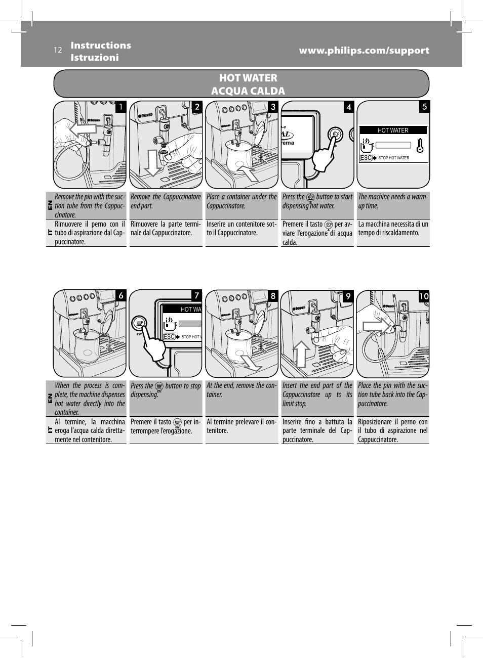 Hot water, Acqua calda | Philips Saeco Royal Machine espresso automatique User Manual | Page 12 / 56