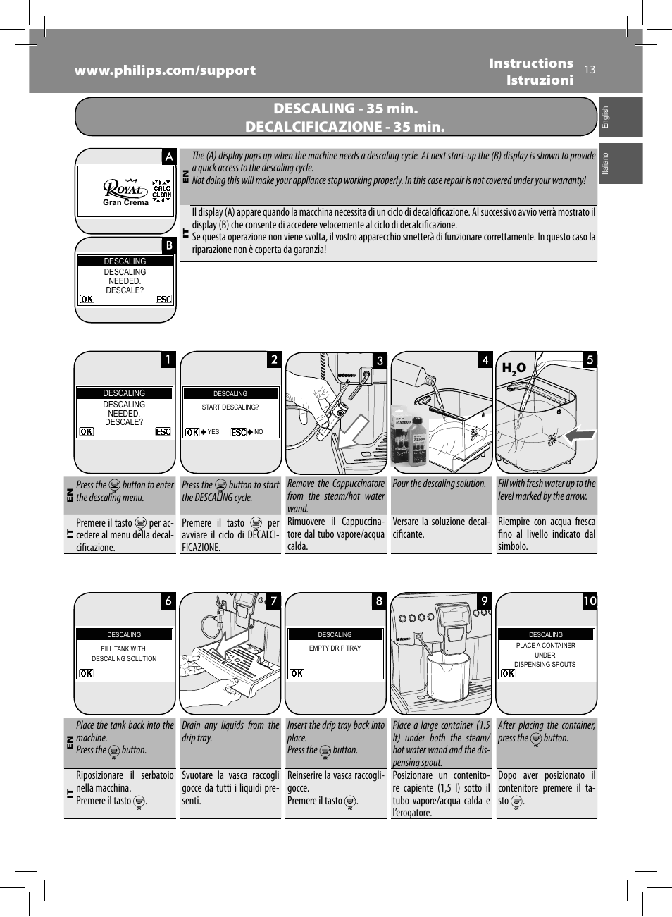 Descaling - 35 min, Decalcificazione - 35 min | Philips Saeco Royal Machine espresso automatique User Manual | Page 13 / 56