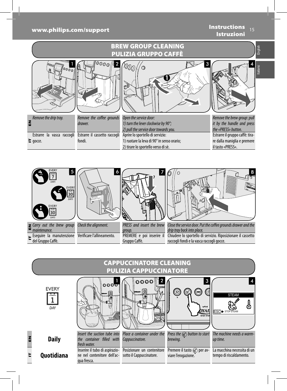 Daily, Quotidiana, Brew group cleaning pulizia gruppo caffè | Cappuccinatore cleaning pulizia cappuccinatore | Philips Saeco Royal Machine espresso automatique User Manual | Page 15 / 56