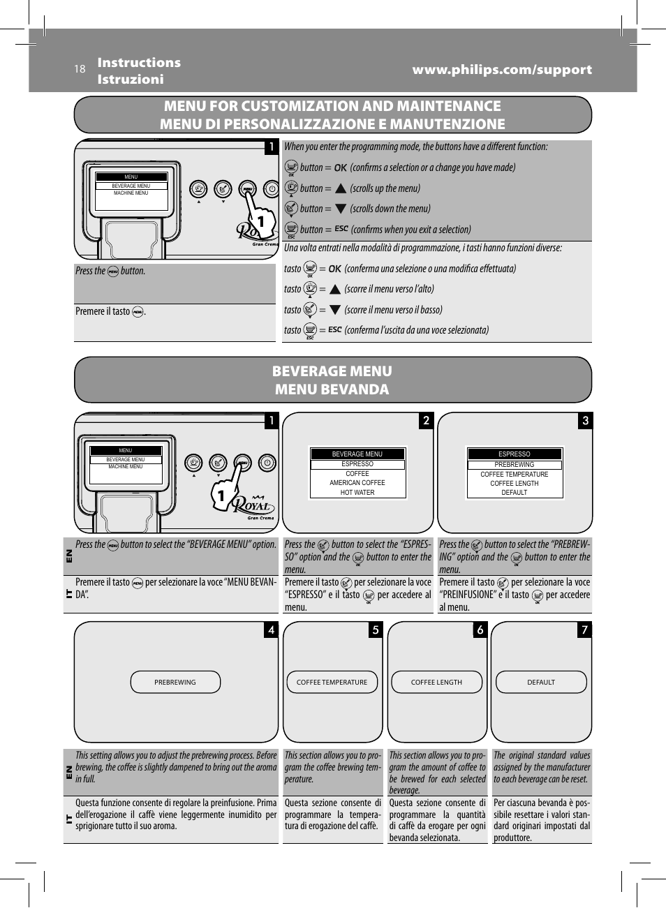 Beverage menu menu bevanda | Philips Saeco Royal Machine espresso automatique User Manual | Page 18 / 56