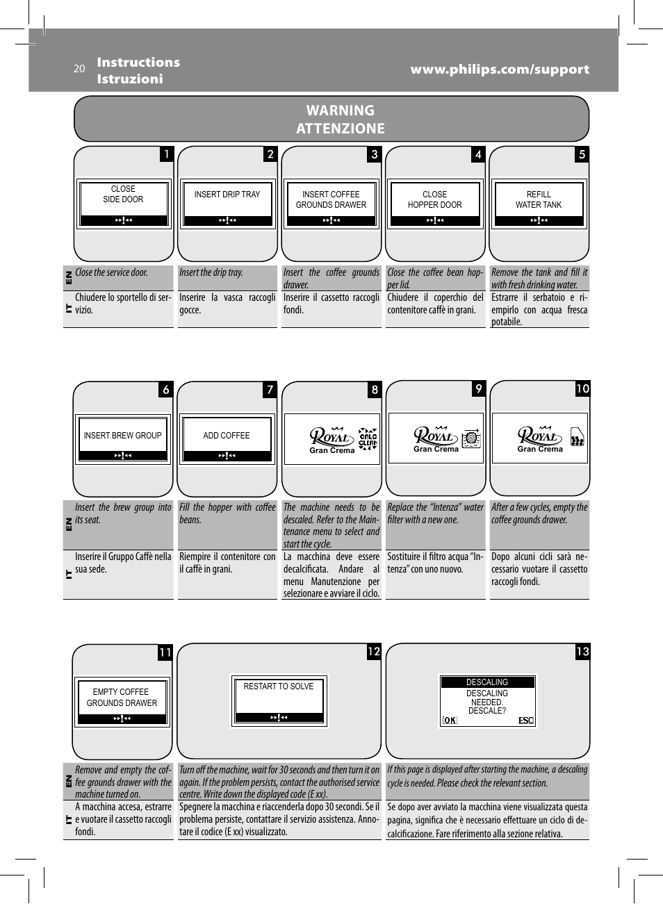 Warning attenzione | Philips Saeco Royal Machine espresso automatique User Manual | Page 20 / 56