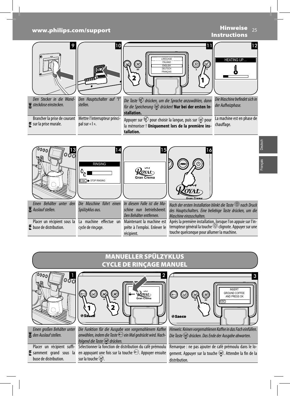 Manueller spülzyklus cycle de rinçage manuel | Philips Saeco Royal Machine espresso automatique User Manual | Page 25 / 56