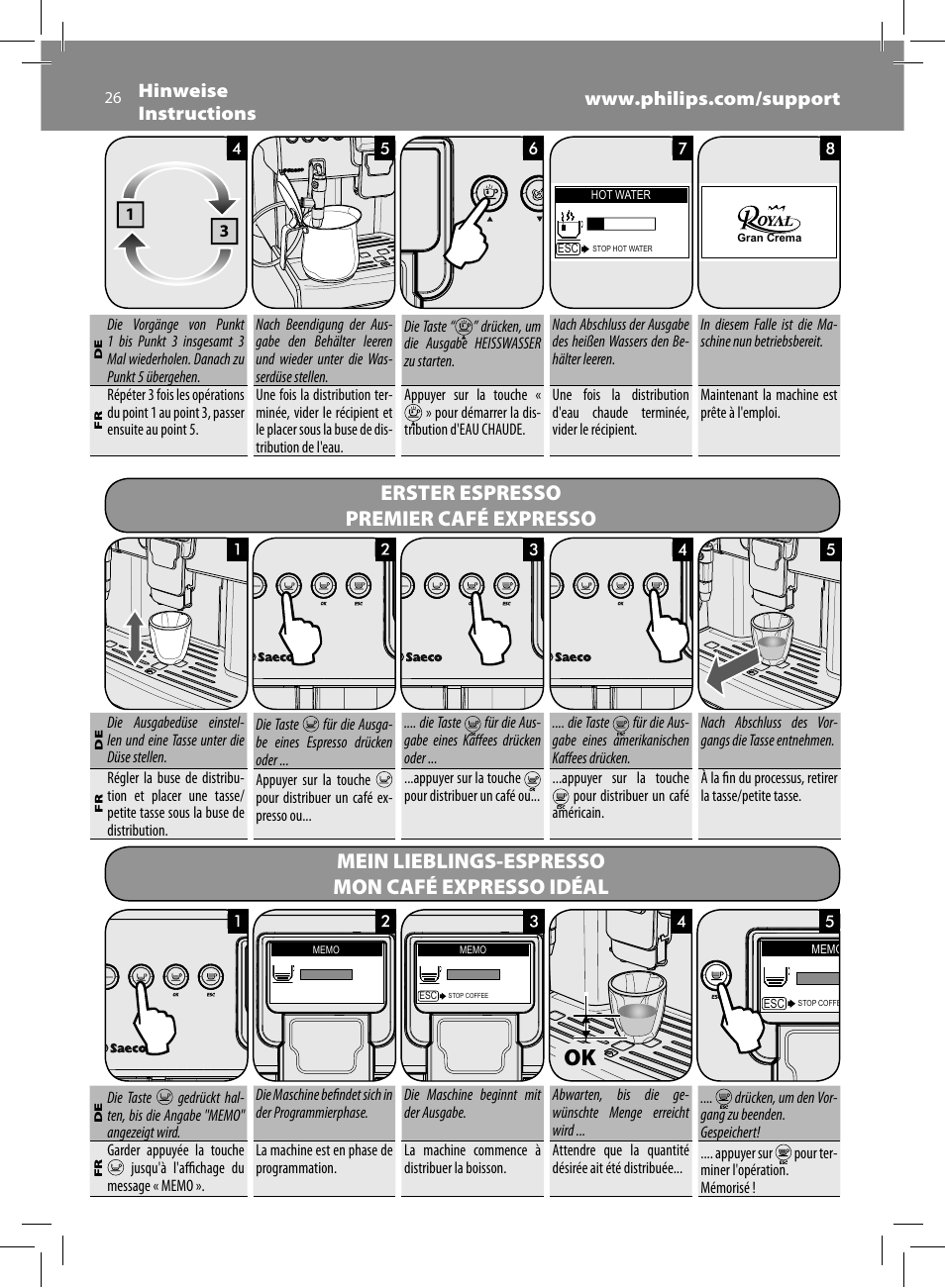 Erster espresso premier café expresso, Mein lieblings-espresso mon café expresso idéal | Philips Saeco Royal Machine espresso automatique User Manual | Page 26 / 56