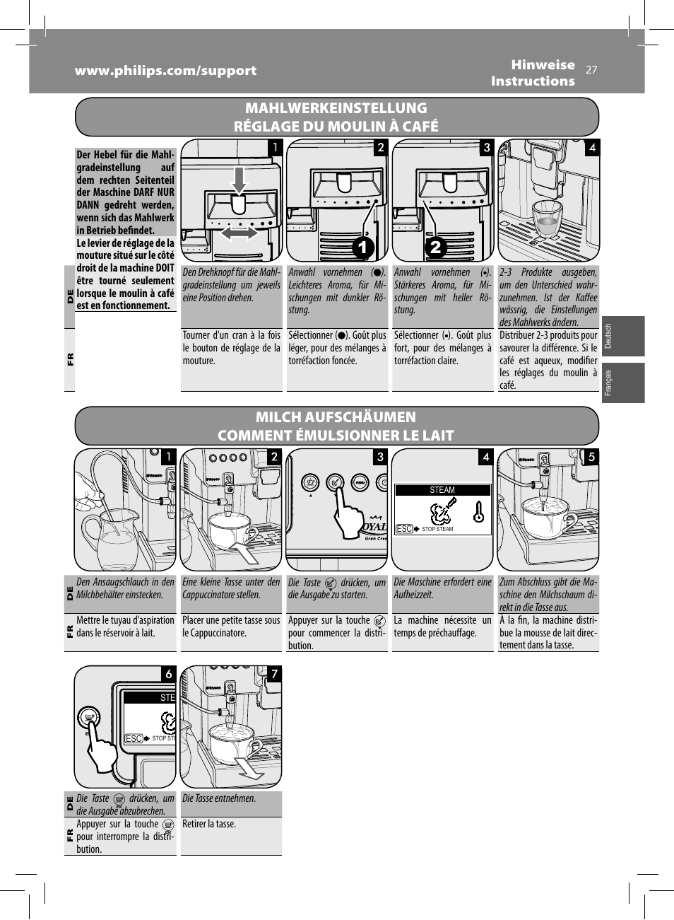 Mahlwerkeinstellung réglage du moulin à café, Milch aufschäumen comment émulsionner le lait | Philips Saeco Royal Machine espresso automatique User Manual | Page 27 / 56