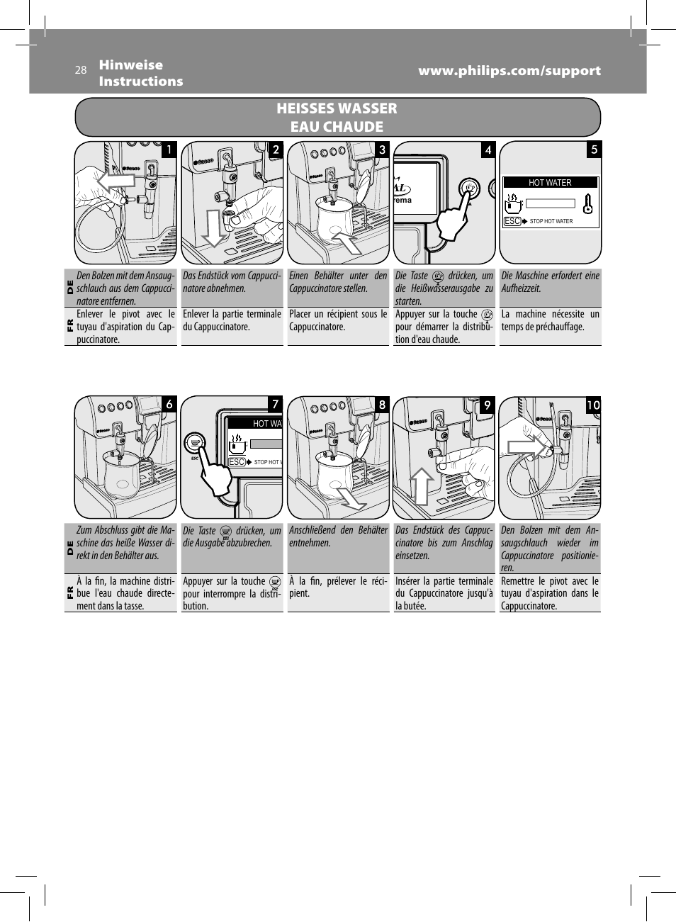 Heisses wasser eau chaude | Philips Saeco Royal Machine espresso automatique User Manual | Page 28 / 56