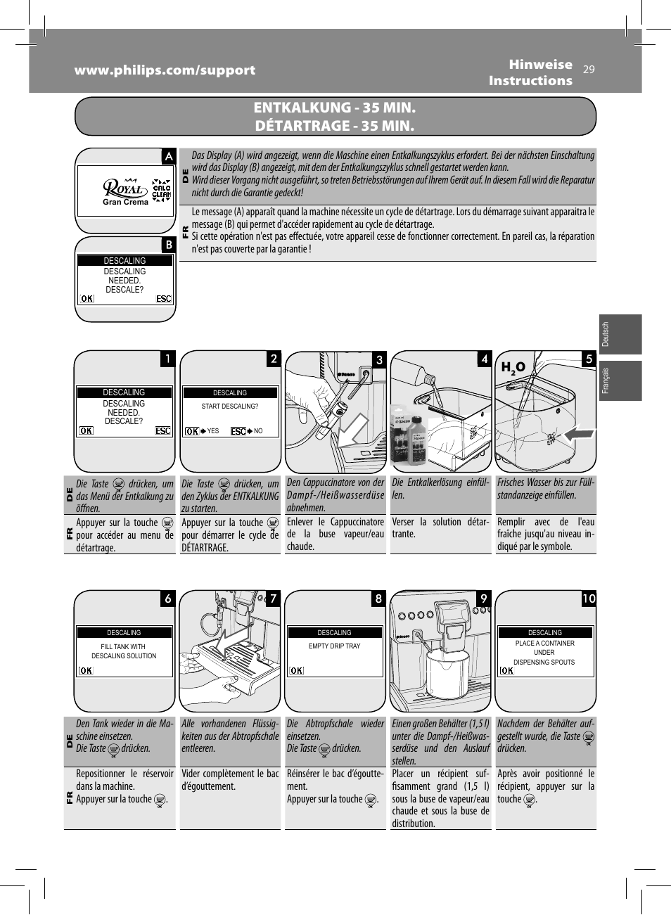 Entkalkung - 35 min. détartrage - 35 min | Philips Saeco Royal Machine espresso automatique User Manual | Page 29 / 56