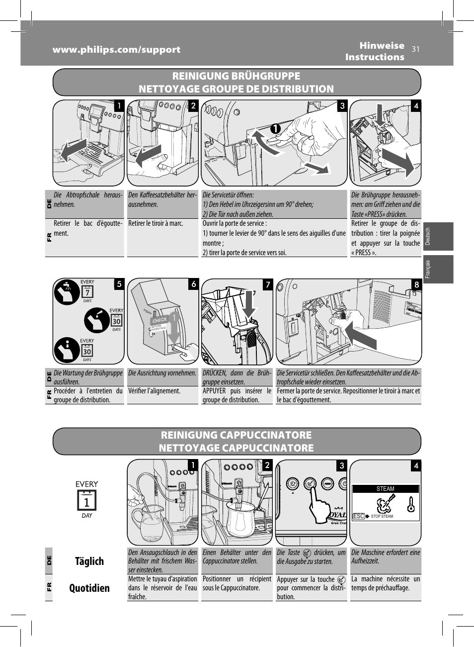 Täglich, Quotidien, Reinigung cappuccinatore nettoyage cappuccinatore | Philips Saeco Royal Machine espresso automatique User Manual | Page 31 / 56