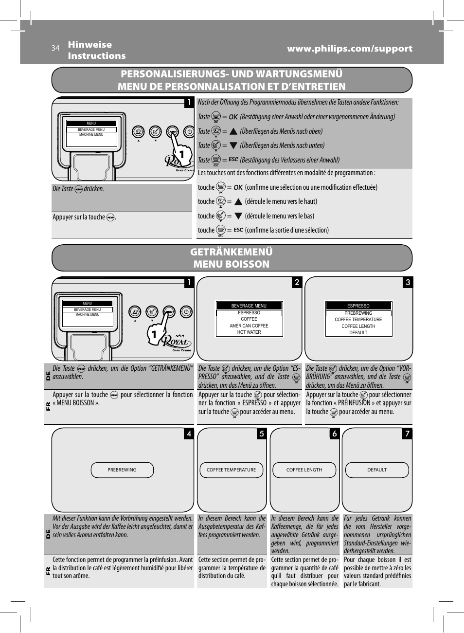 Getränkemenü menu boisson | Philips Saeco Royal Machine espresso automatique User Manual | Page 34 / 56