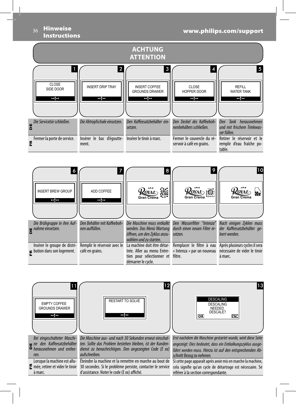 Achtung attention | Philips Saeco Royal Machine espresso automatique User Manual | Page 36 / 56