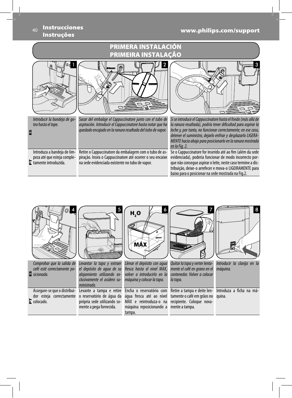 Primera instalación primeira instalação | Philips Saeco Royal Machine espresso automatique User Manual | Page 40 / 56