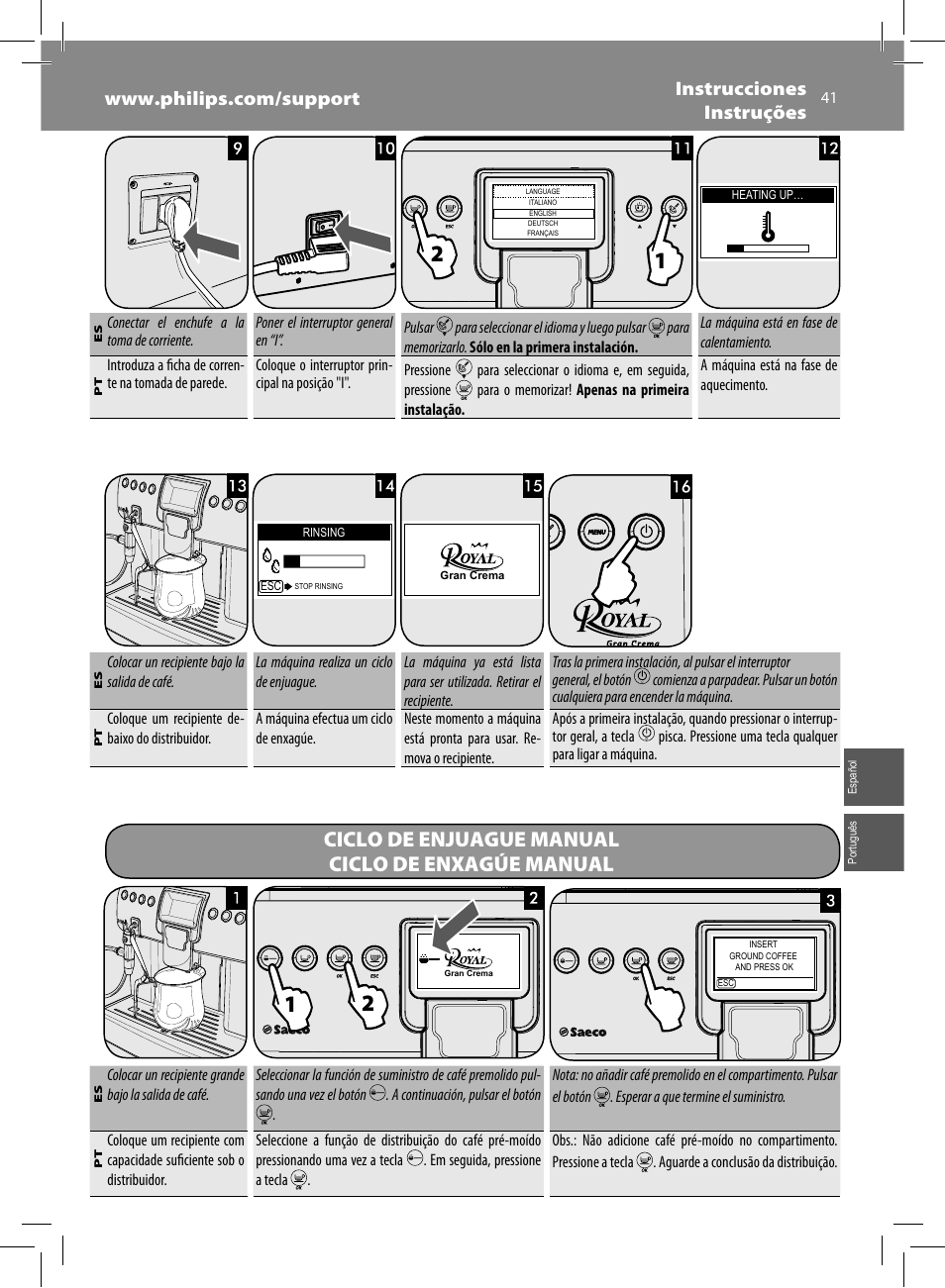 Ciclo de enjuague manual ciclo de enxagúe manual | Philips Saeco Royal Machine espresso automatique User Manual | Page 41 / 56