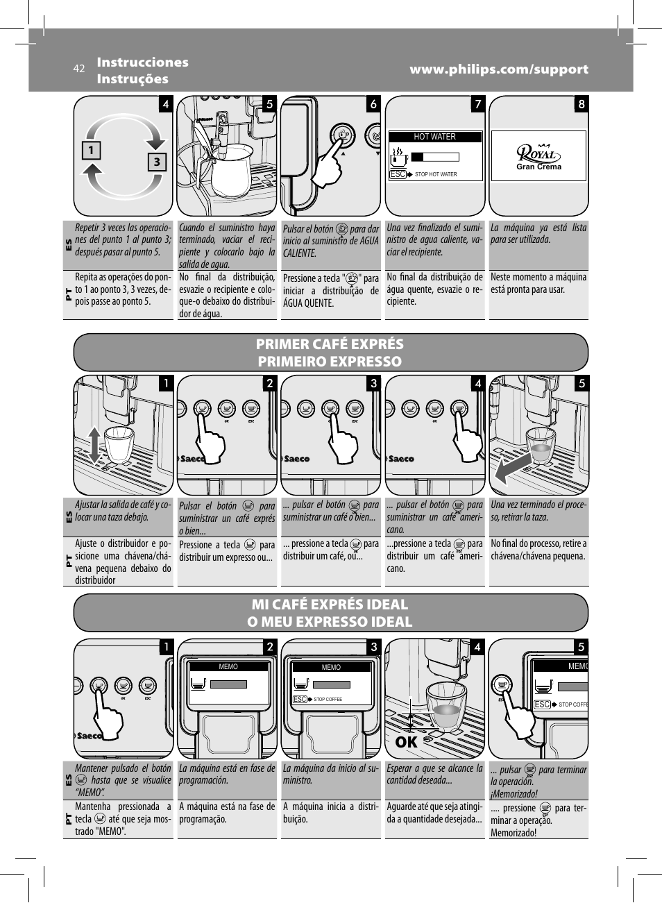 Primer café exprés primeiro expresso, Mi café exprés ideal o meu expresso ideal | Philips Saeco Royal Machine espresso automatique User Manual | Page 42 / 56