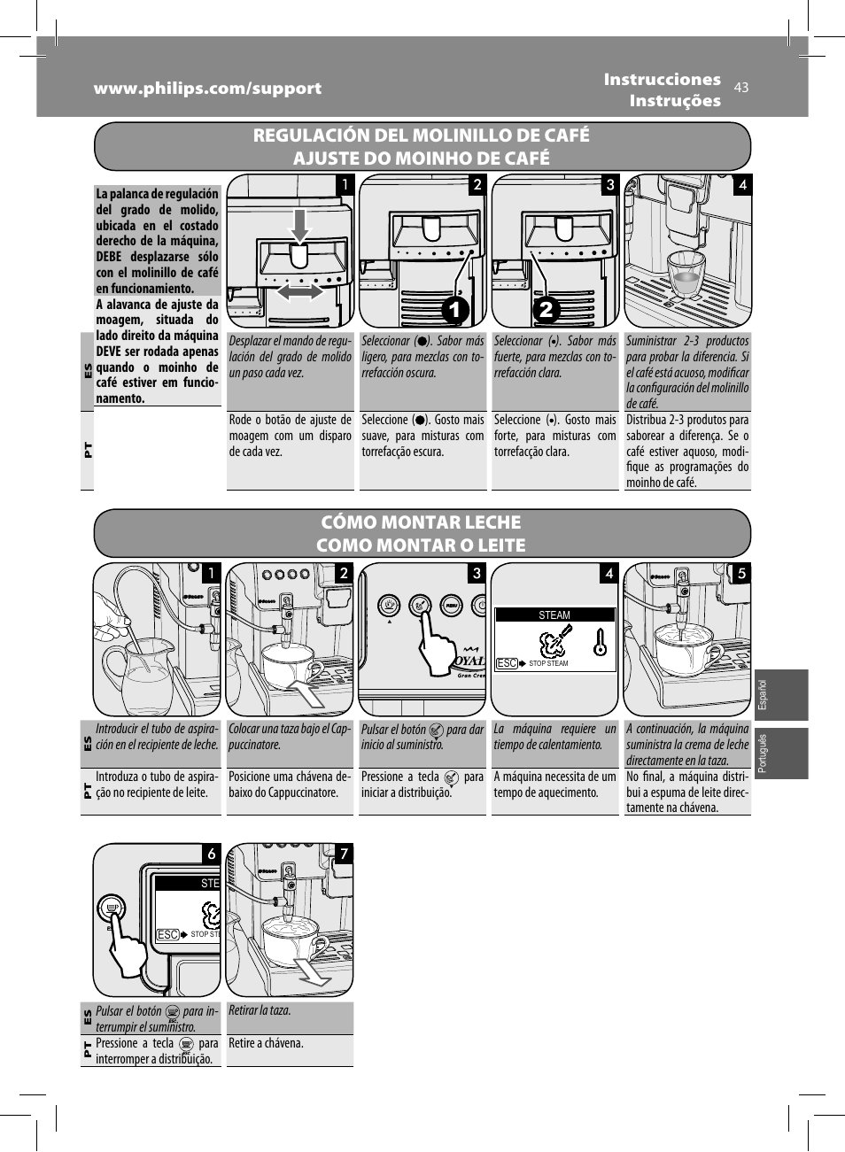 Cómo montar leche como montar o leite | Philips Saeco Royal Machine espresso automatique User Manual | Page 43 / 56