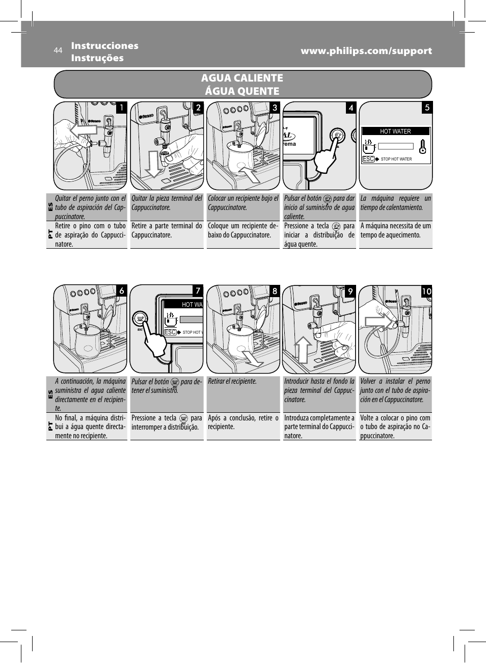 Agua caliente água quente | Philips Saeco Royal Machine espresso automatique User Manual | Page 44 / 56
