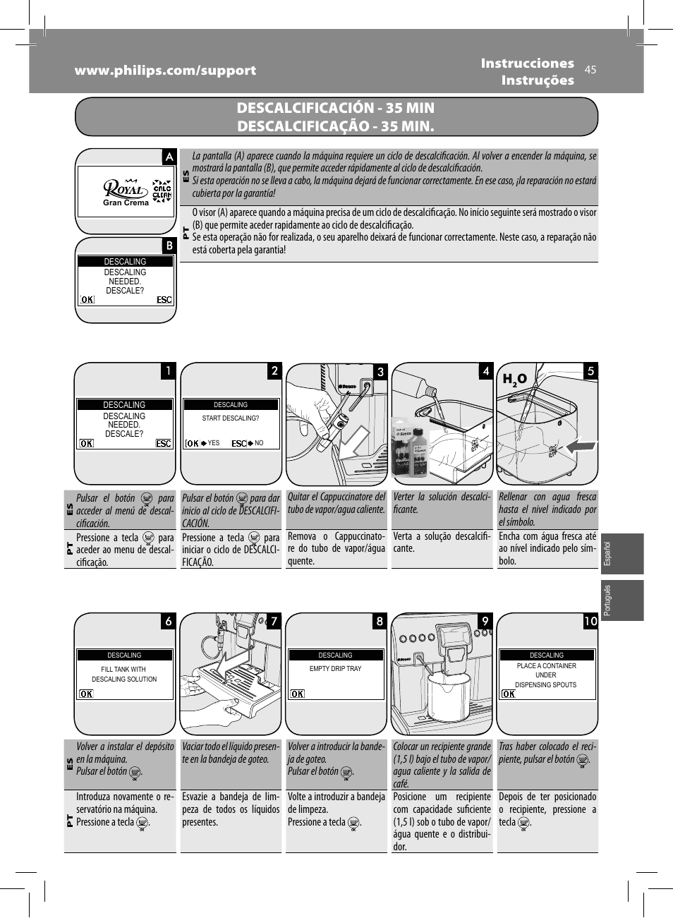 Descalcificación - 35 min descalcificação - 35 min | Philips Saeco Royal Machine espresso automatique User Manual | Page 45 / 56