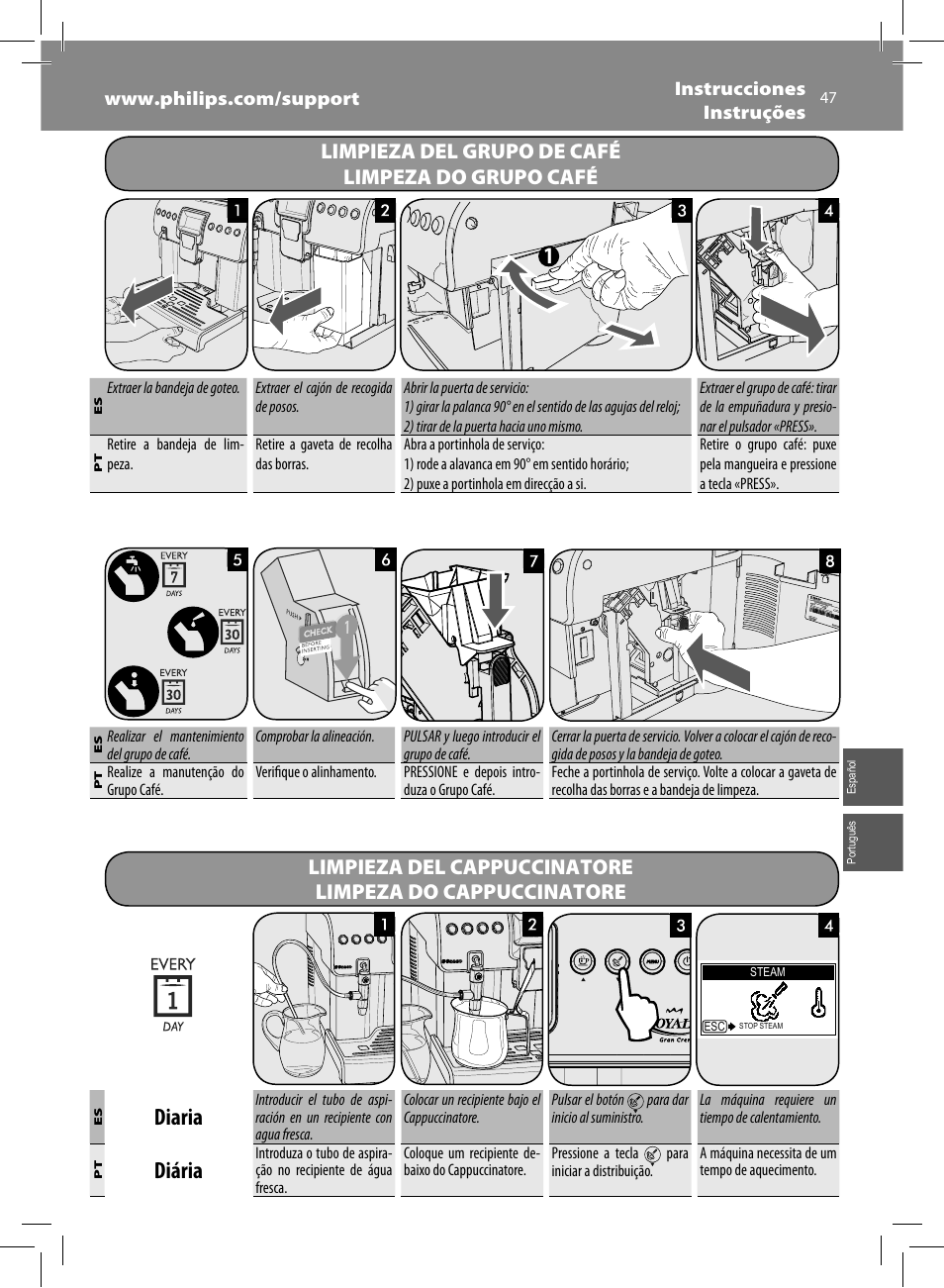 Diaria, Diária, Limpieza del grupo de café limpeza do grupo café | Philips Saeco Royal Machine espresso automatique User Manual | Page 47 / 56