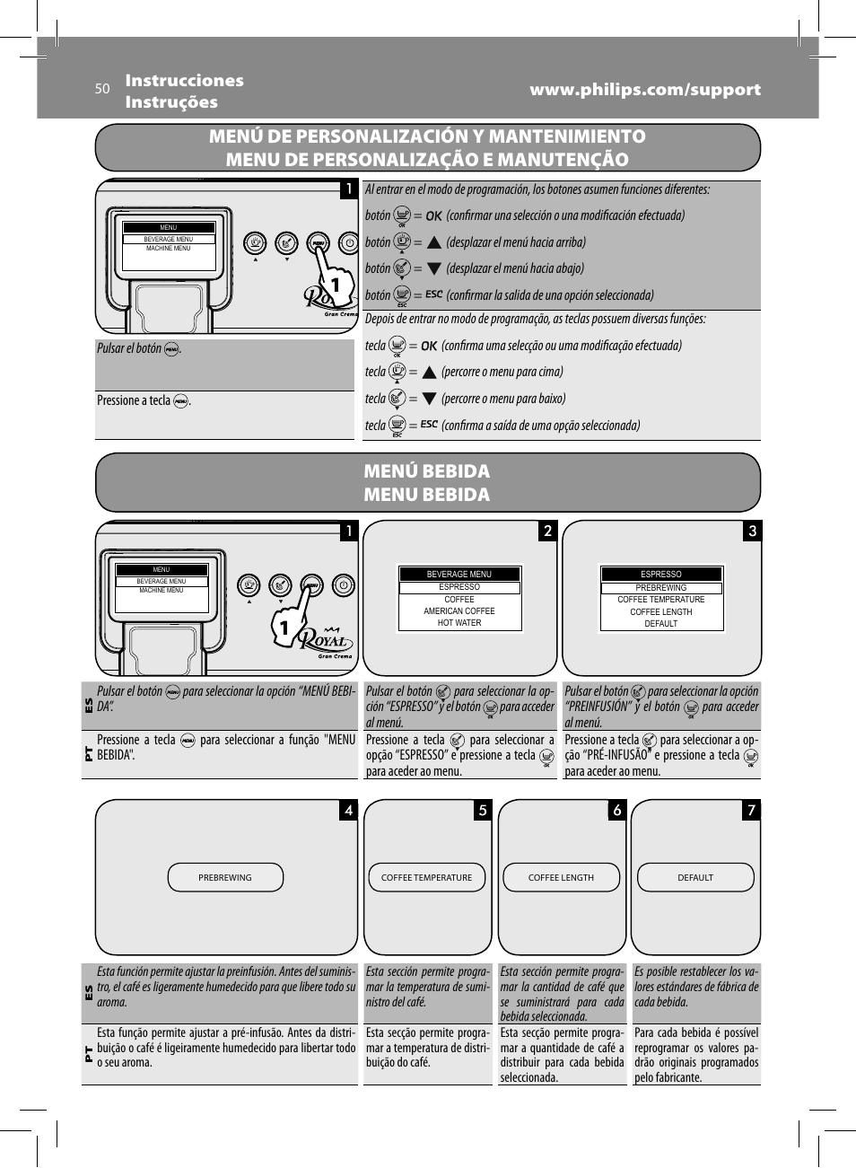 Menú bebida menu bebida | Philips Saeco Royal Machine espresso automatique User Manual | Page 50 / 56