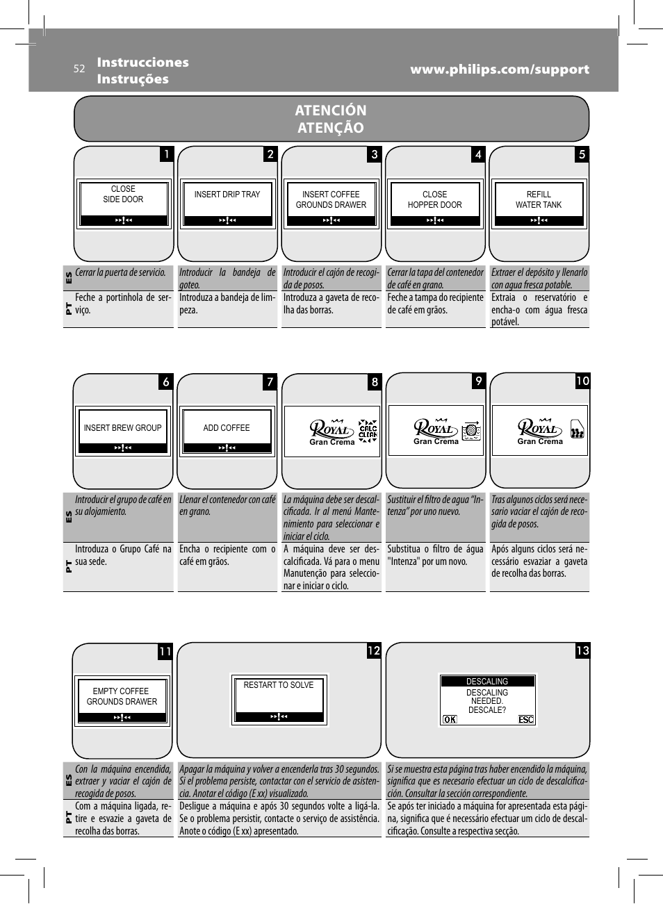 Atención atenção | Philips Saeco Royal Machine espresso automatique User Manual | Page 52 / 56