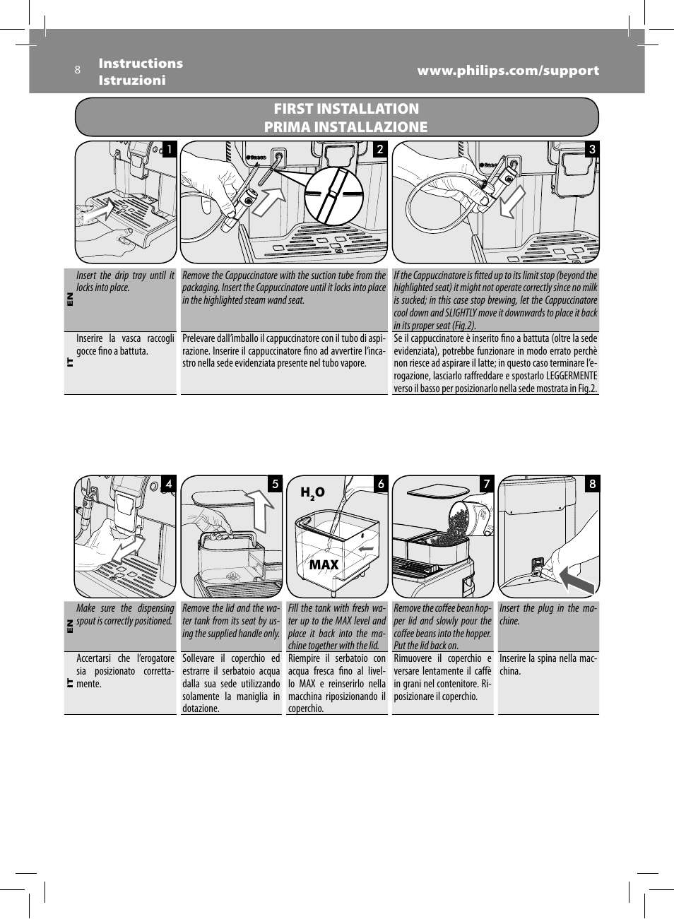 First installation, Prima installazione | Philips Saeco Royal Machine espresso automatique User Manual | Page 8 / 56