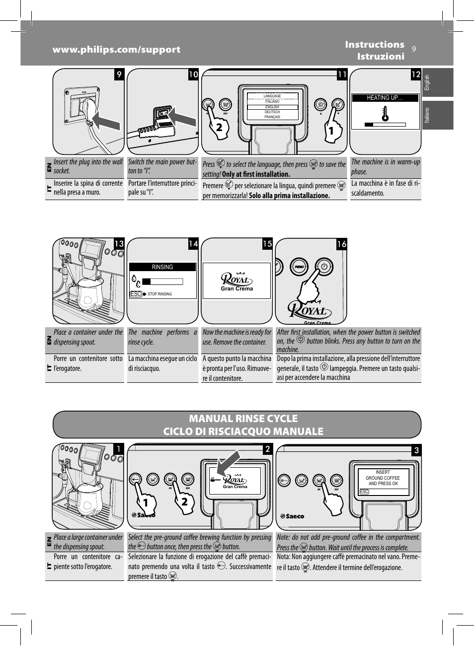 Manual rinse cycle ciclo di risciacquo manuale | Philips Saeco Royal Machine espresso automatique User Manual | Page 9 / 56