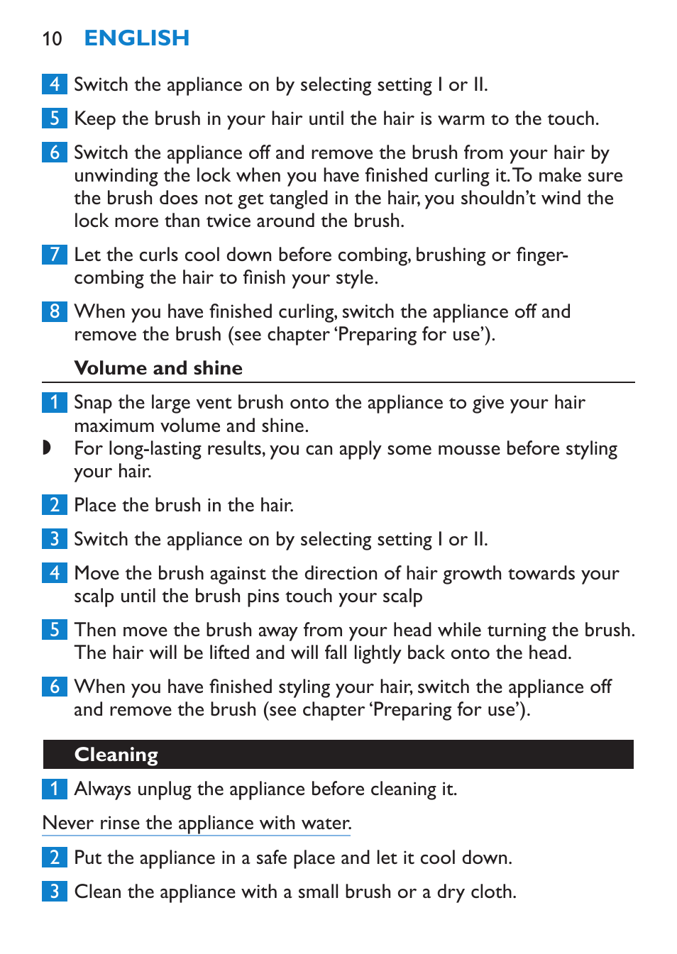 Volume and shine, Cleaning | Philips Salon Airstylist Control Brosse coiffante User Manual | Page 10 / 104