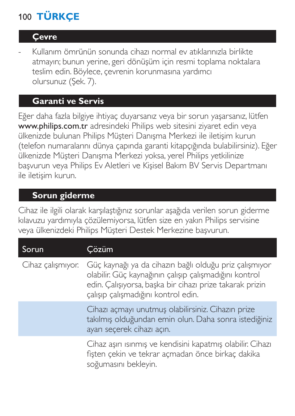 Çevre, Garanti ve servis, Sorun giderme | Philips Salon Airstylist Control Brosse coiffante User Manual | Page 100 / 104