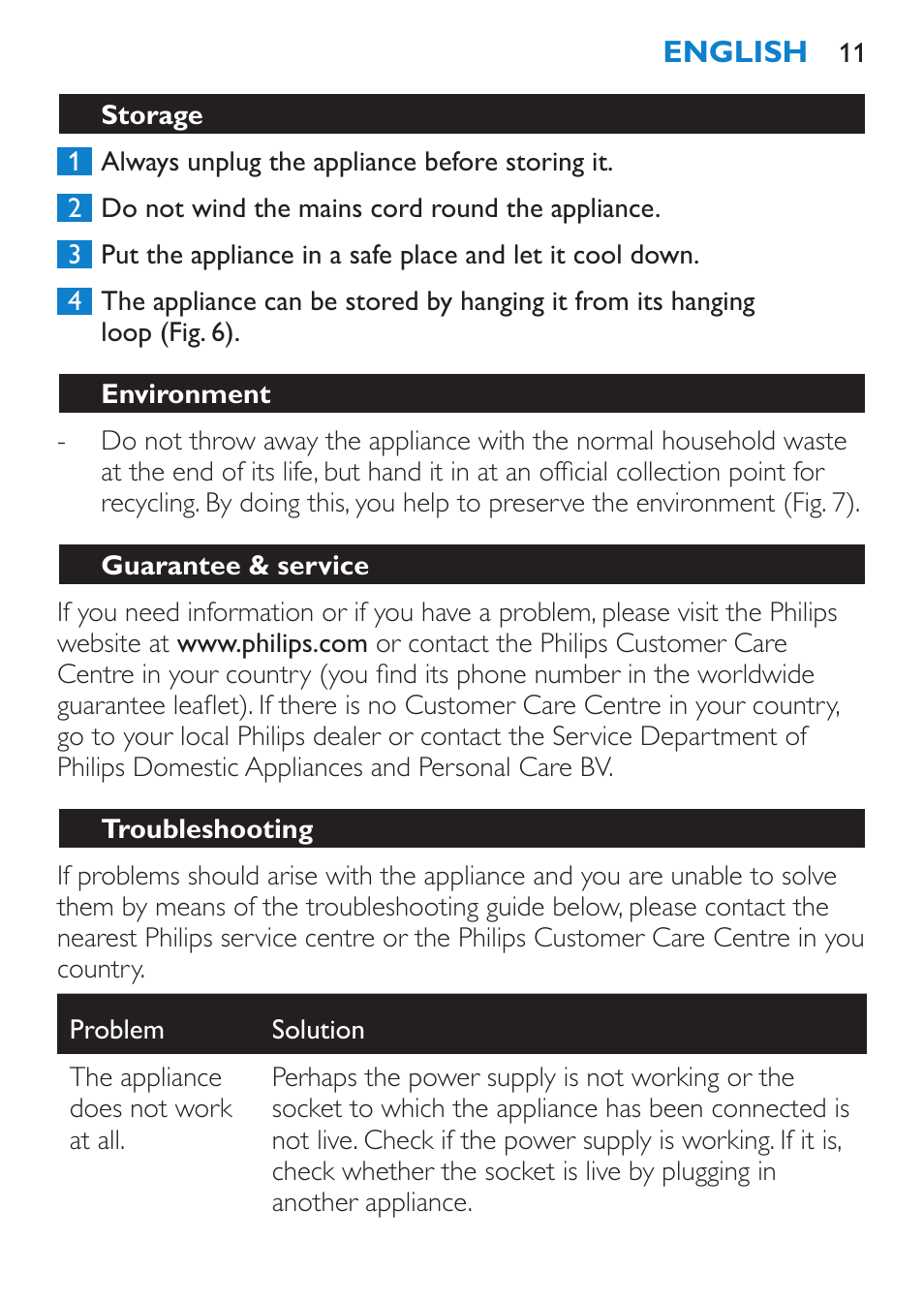 Storage, Environment, Guarantee & service | Troubleshooting | Philips Salon Airstylist Control Brosse coiffante User Manual | Page 11 / 104