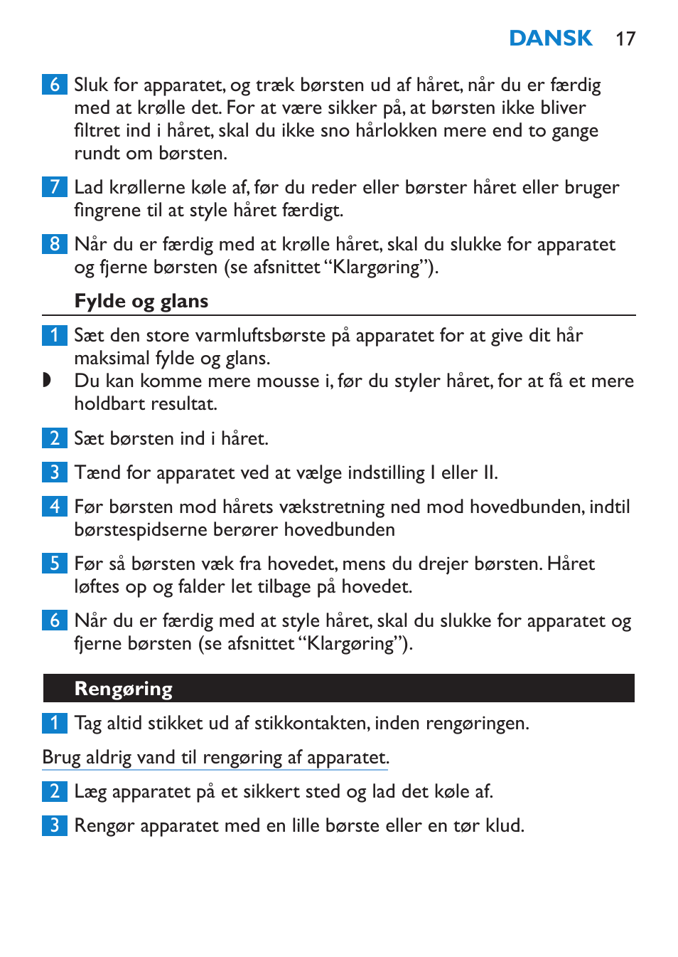 Fylde og glans, Rengøring | Philips Salon Airstylist Control Brosse coiffante User Manual | Page 17 / 104