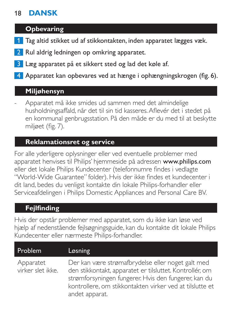 Opbevaring, Miljøhensyn, Reklamationsret og service | Fejlfinding | Philips Salon Airstylist Control Brosse coiffante User Manual | Page 18 / 104