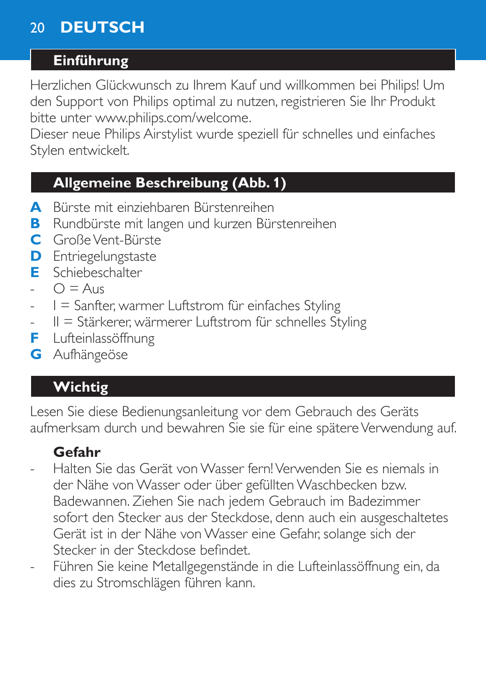 Gefahr, Deutsch, Einführung | Allgemeine beschreibung (abb. 1), Wichtig | Philips Salon Airstylist Control Brosse coiffante User Manual | Page 20 / 104