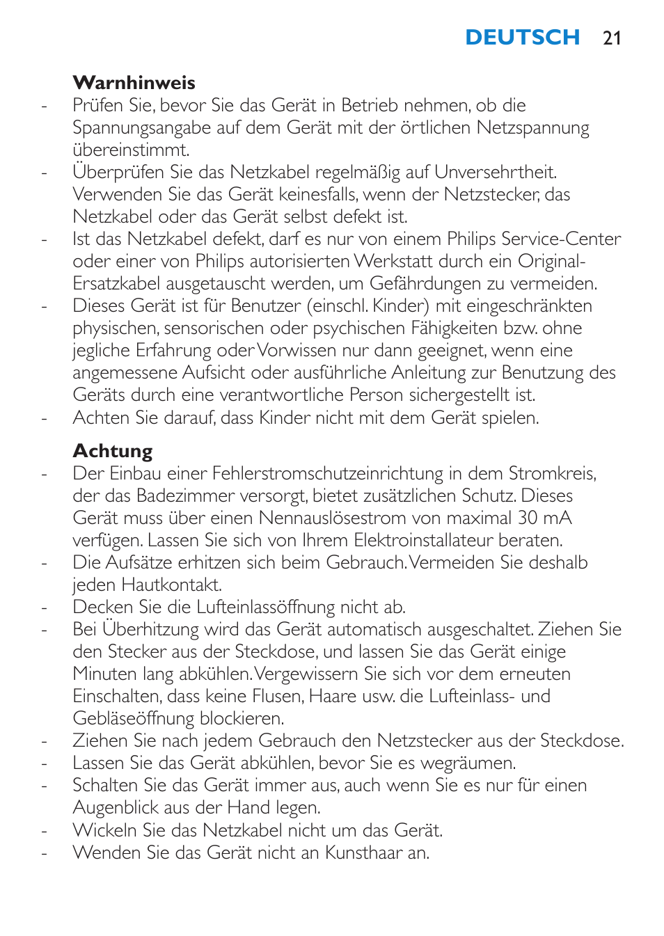 Warnhinweis, Achtung | Philips Salon Airstylist Control Brosse coiffante User Manual | Page 21 / 104