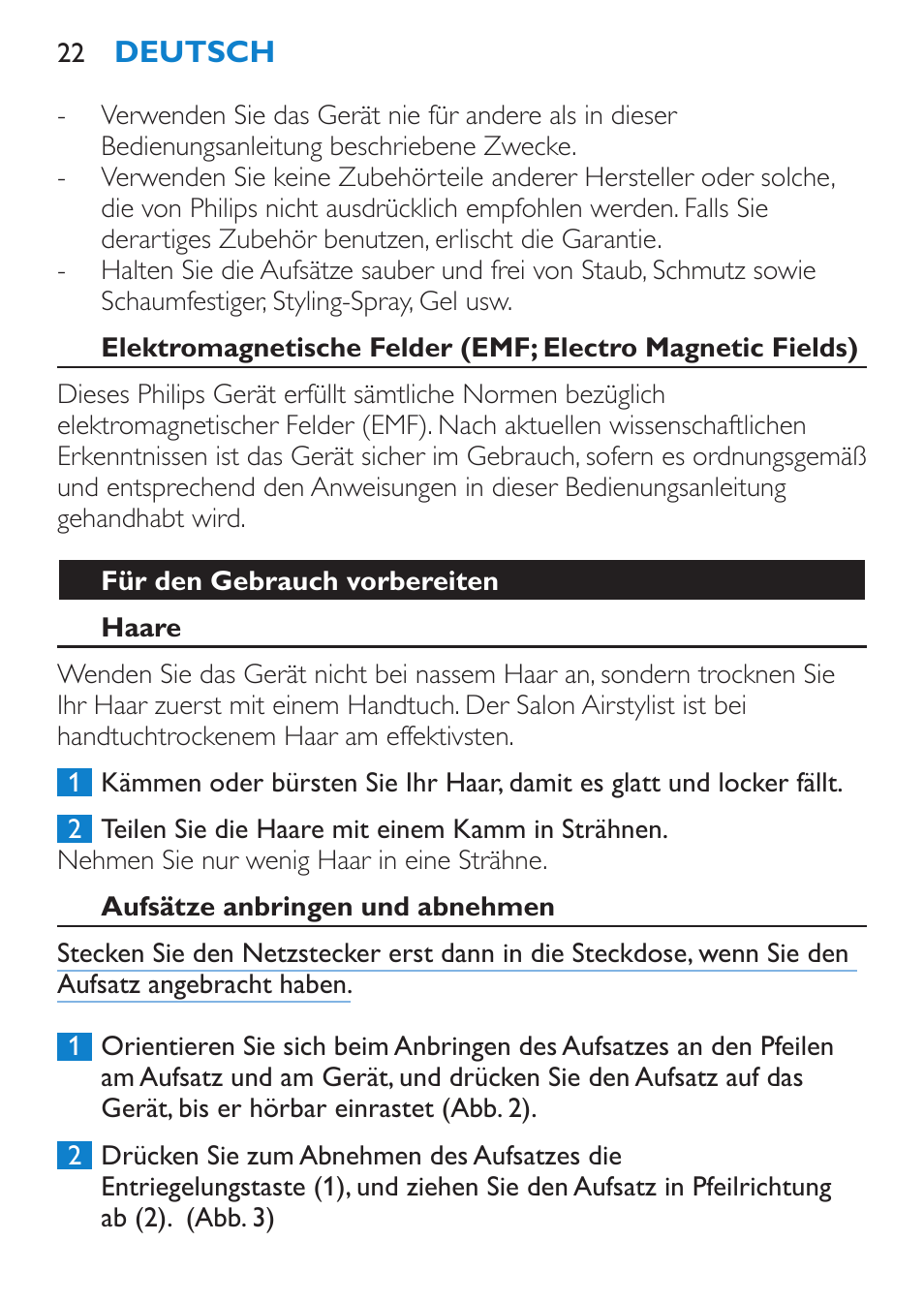 Für den gebrauch vorbereiten, Haare, Aufsätze anbringen und abnehmen | Philips Salon Airstylist Control Brosse coiffante User Manual | Page 22 / 104