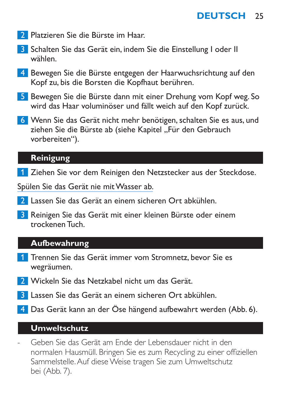 Reinigung, Aufbewahrung, Umweltschutz | Philips Salon Airstylist Control Brosse coiffante User Manual | Page 25 / 104