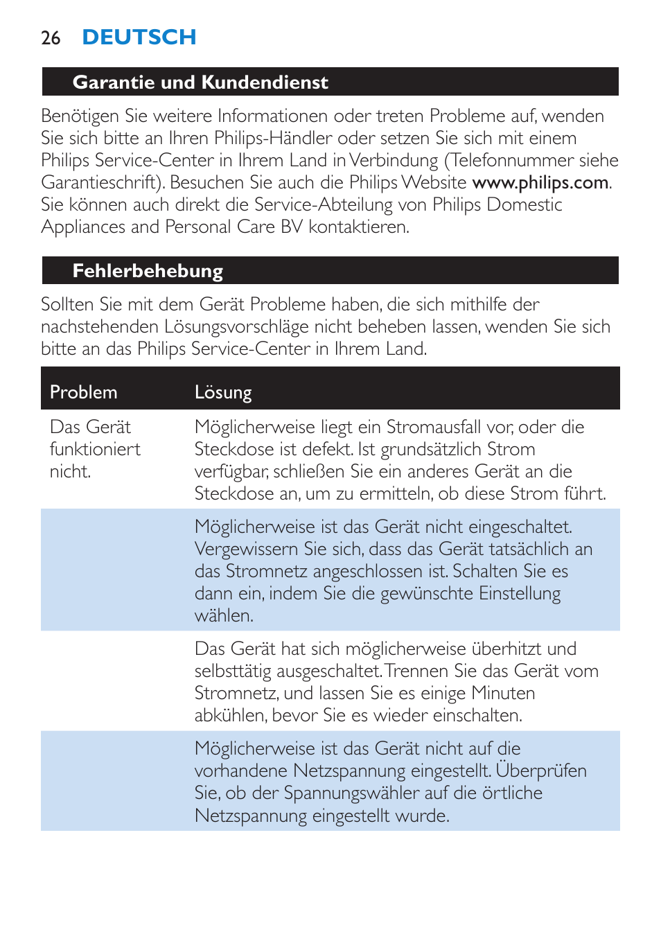 Garantie und kundendienst, Fehlerbehebung | Philips Salon Airstylist Control Brosse coiffante User Manual | Page 26 / 104