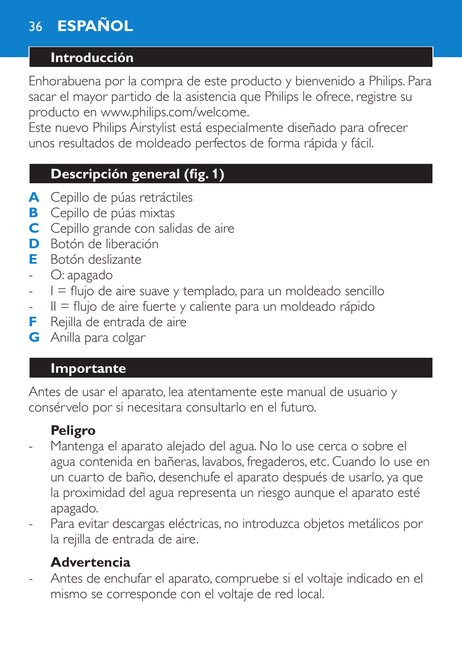 Peligro, Advertencia, Español | Introducción, Descripción general (fig. 1), Importante | Philips Salon Airstylist Control Brosse coiffante User Manual | Page 36 / 104